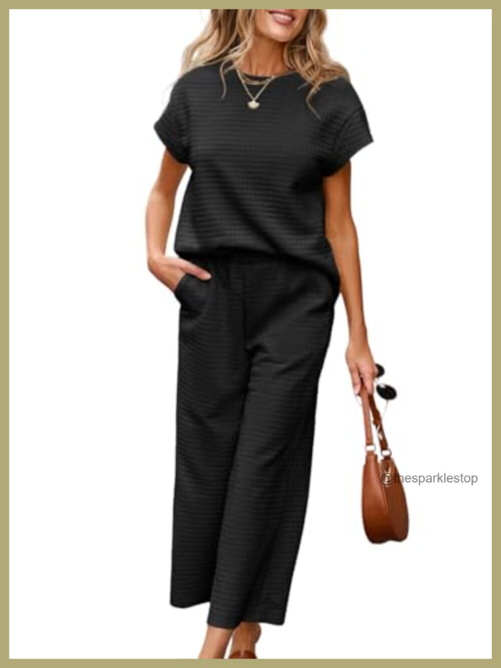 Two Piece Waffle Knit Lounge Set Cap Sleeve Top Wide Leg Sweatpants